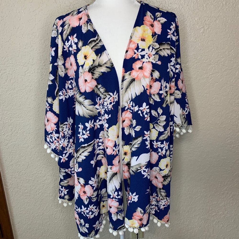 Umgee Blue Tropical Floral Print Cardigan Kimono Wrap Women's Size Small…